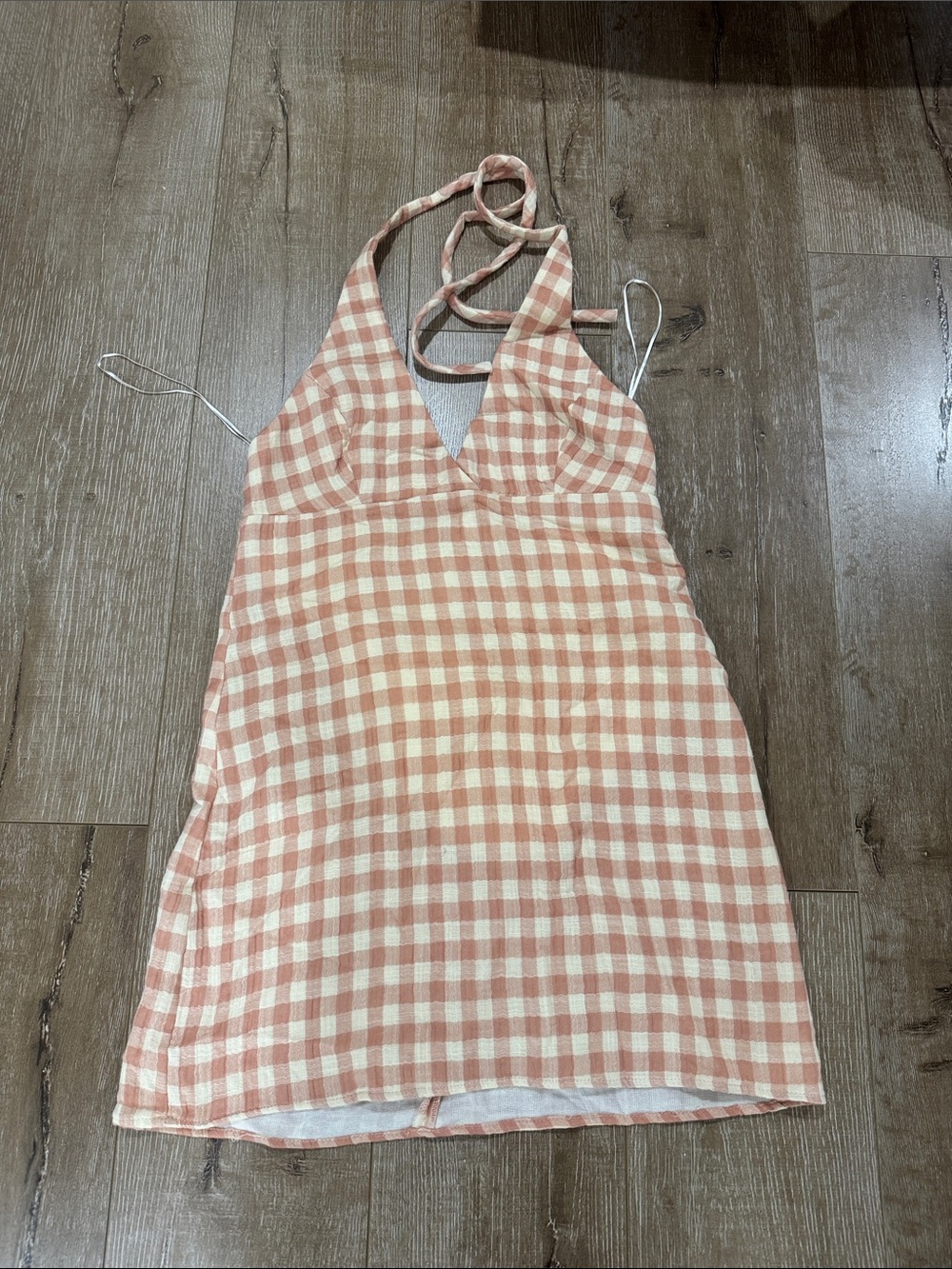 Zara Pink Cream Gingham Halter Mini Dress